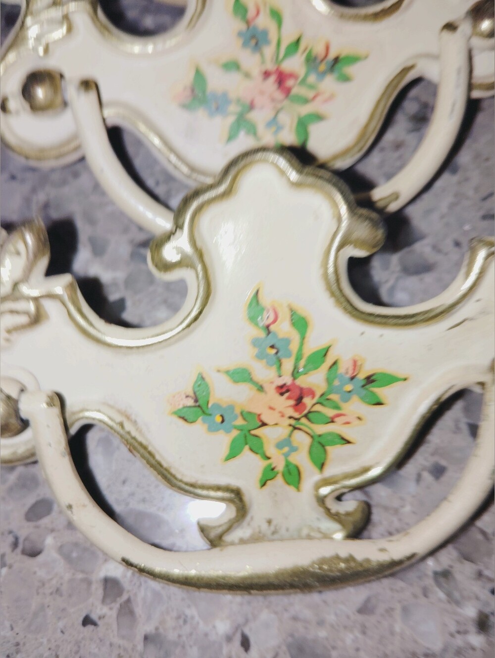 Set of 8 Floral Vintage French Drawer Pulls Painted Brass Roses 3" Spread EUC